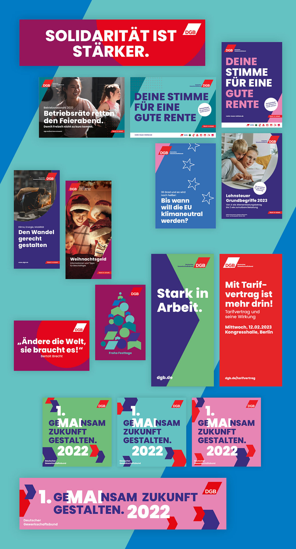 Übersicht einiger Gestaltungsbeispiele für den Deutschen Gewerkschaftsbund, z.B. Postkarten, Flyer, Banner, Broschürencover und Visuals zum 1.Mai 2022