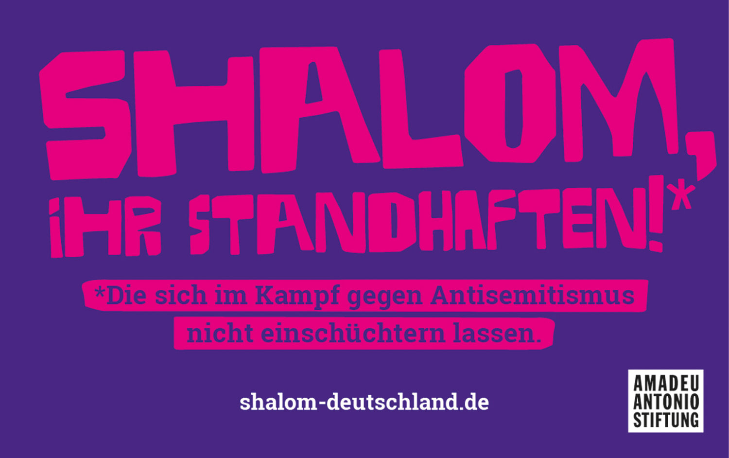 Grafik mit lilafarbenen Hintergrund, darauf der Text in pink: `Slalom, ihr Standhaften!*` darunter steht: `*Die sich im Kampf gegen Antisemitismus nicht einschüchtern lassen.` + URL: `shalom-deutschland.de` und das Amadeu Antonio Stiftungs-Logo