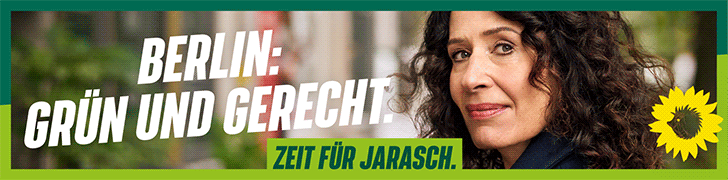 Ein Online-Banner mit sehr breiten Format. Darauf zu sehen Bettina Jarasch. Links von ihr steht die Headline: `Berlin: Grün und gerecht.` Darunter steht der Claim `Zeit für Jarasch` und im oberen Bereich blinkt ein Störer, der auf das Wahldatum hinweist.