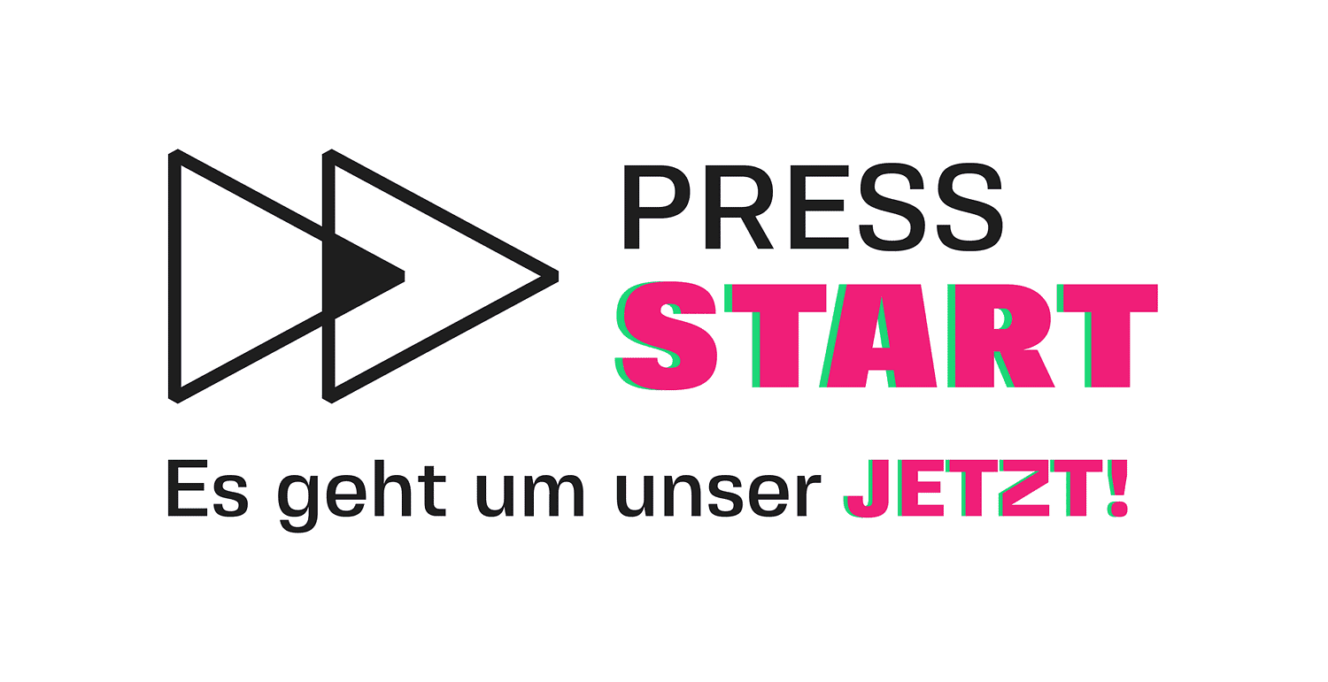 Das DGBJ Logo `Press Start` mit Kampagnenclaim: `Es geht um unser JETZT! `in schnellen farblichen Wechsel