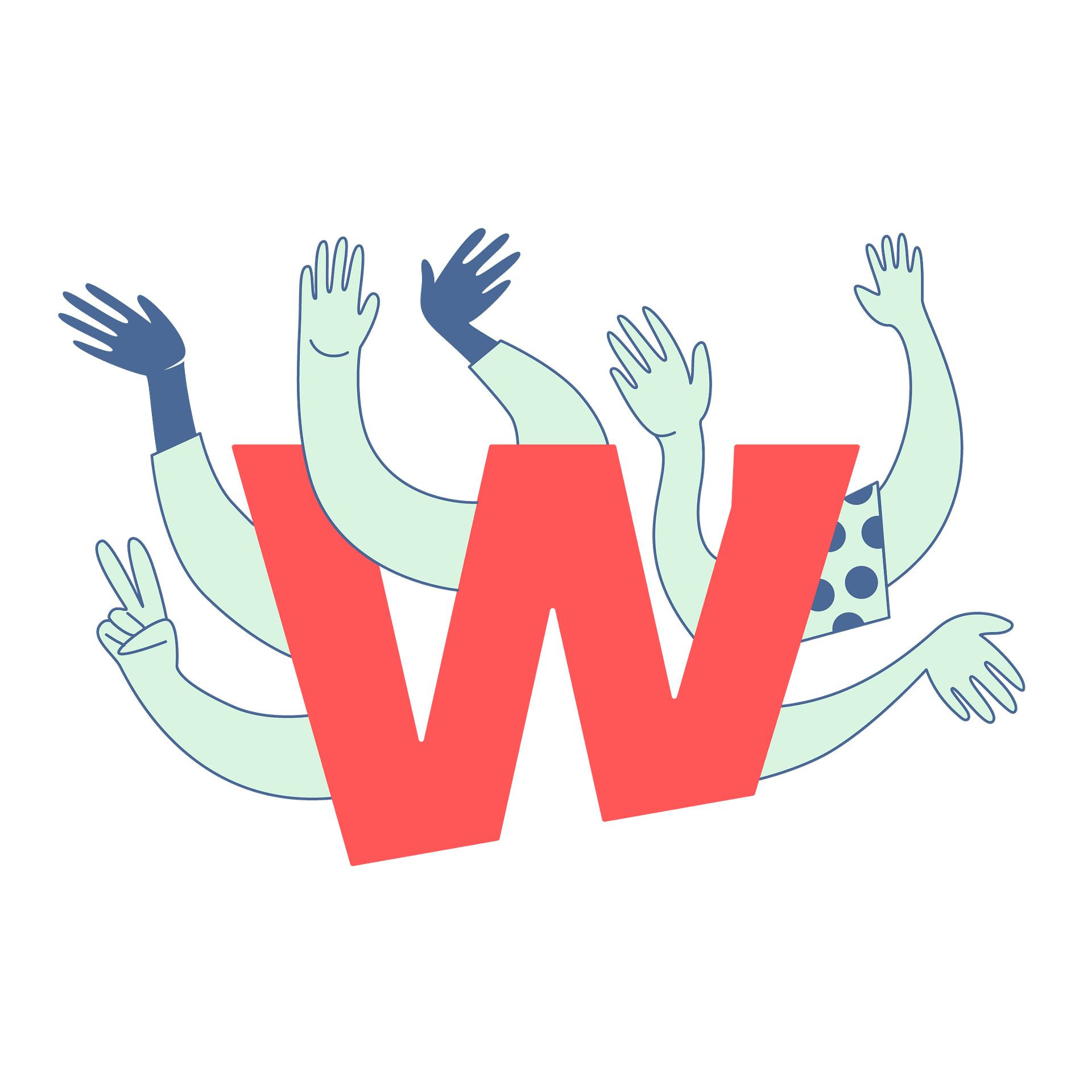 Header Illustration - Grafische Illustration in rot, blau und hellgün des roten Wigwam `W´-Logos mit winkenden stilisierten, freudigen und winkenden Händen daraus hervortretend.