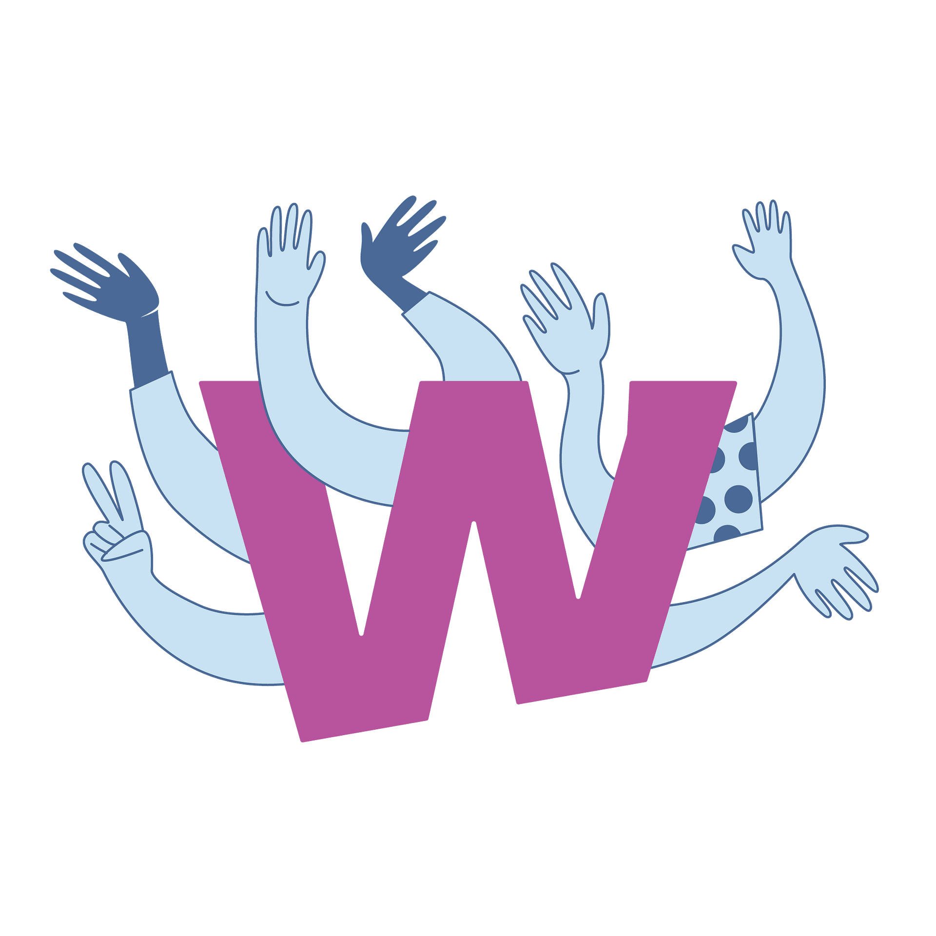 Header Illustration - Wigwam Illustration: Wigwam W in violett mit winkenden Armen und Händen daran und drum herum